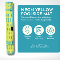 Emerson West neon yellow poolside seating mat with a lemon-lime pattern, highlighting features such as swimsuit saver, machine washable, and fade-resistant material. Dimensions are 16" l x 20