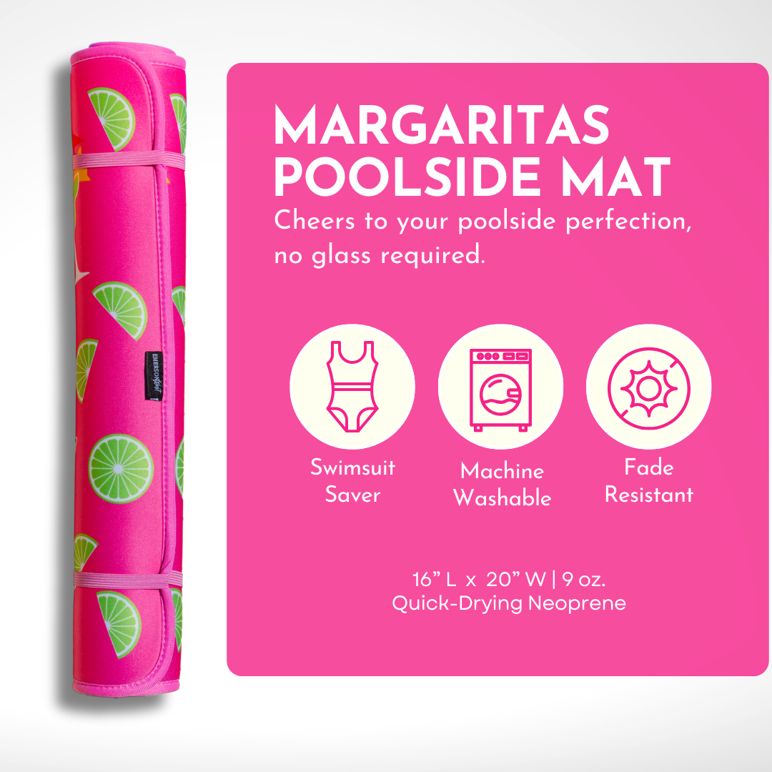 Pink and green margarita and lime slices patterned poolside mat infographic describing the features of the mats in the Citrus Delight Collection by Emerson West. Product features: swimsuit saver, quick-dry, fade-resistant, 16" l x 20" w | 9