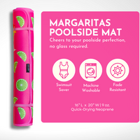 Bright pink Emerson West Margaritas Poolside Seating Mat infographic featuring convenience icons: swimsuit saver, machine washable, and fade-resistant. The product is 16" x 20" W.