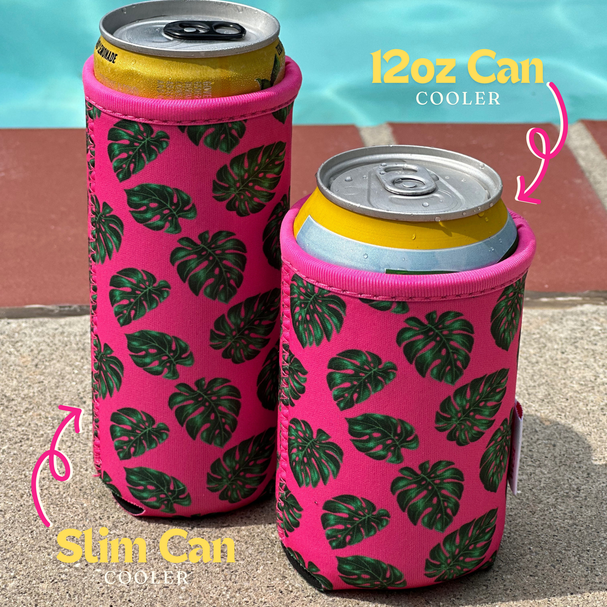 Two cans are shown in Emerson West Palm Leaves Neoprene Can Coolers. The can on the left is in a "Slim Can Cooler" and the can on the right is in a "12 oz Can Cooler." Both coolers are beside a pool, with arrows and text indicating their sizes.