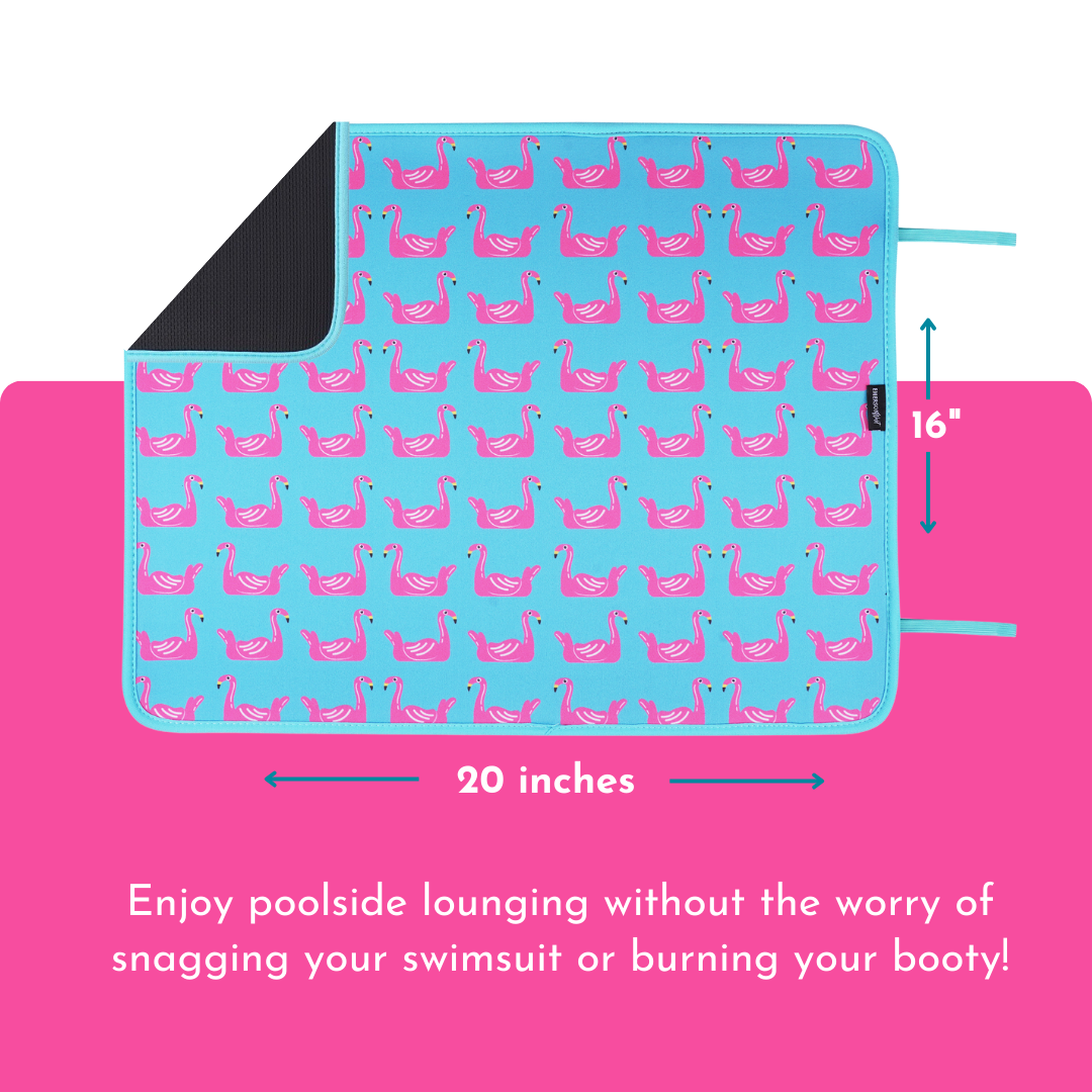 Whimsical pink neoprene Pool Party Collection mat by Emerson West with a fun flamingo float pattern, perfect for comfortable and relaxing days by the pool – keep your booty burn-free!