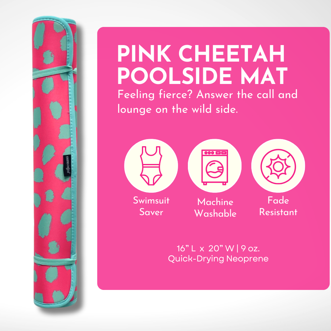 A rolled-up Emerson West Pink Cheetah Poolside Seating Mat with features listed: swimsuit saver, machine washable, fade-resistant, measures 16'' l x 20'' w | 9 oz