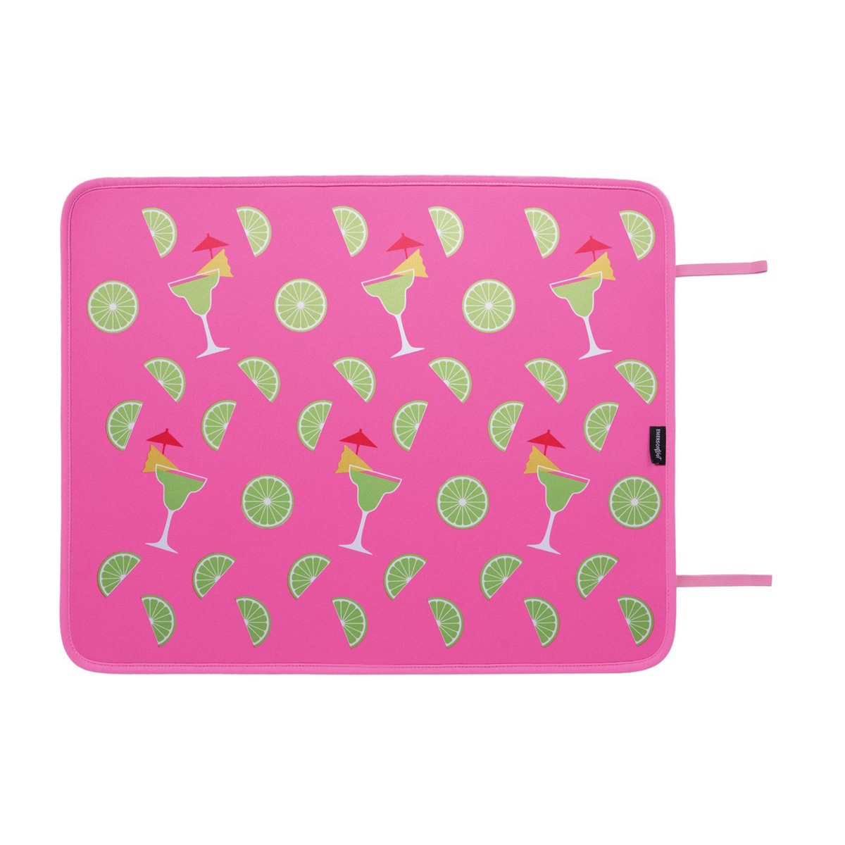 Bright pink poolside seating mat with a fun Margaritas and lime slices pattern, perfect for a summery vibe by Emerson West.