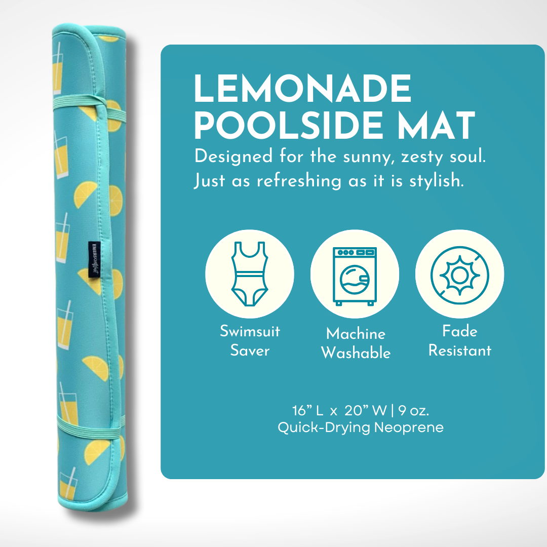 A vibrant and stylish Lemonade Poolside Seating Mat for the sunny, zesty soul, featuring swimwear protection, machine washable convenience, fade resistance, and made from quick-drying neoprene by Emerson West.