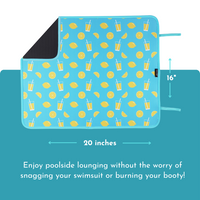 A playful and informative illustration showcasing an Emerson West Lemonade Poolside Seating Mat, complete with dimensions and a cheeky caption: "enjoy poolside lounging without the worry of snagging your swimsuit or burning your booty!