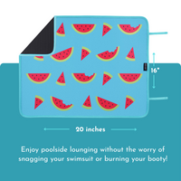 Keep cool and comfortable with a fun Watermelon Poolside Seating Mat from Emerson West - perfect for protecting your swimsuit or skin from the summer heat! This fade-resistant seating mat is 20 by 16 inches.