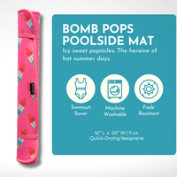 A stylish pink poolside mat from the Emerson West Pool Party Collection, advertised as the perfect pool accessory for hot summer days, featuring machine washability, and fade resistance. The product is made of quick- drying neoprene. 