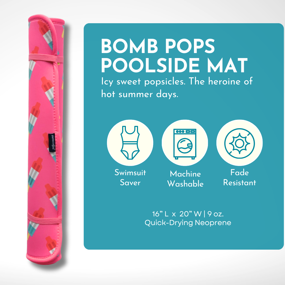 Chic and convenient: your perfect poolside companion - this stylish, popsicle-patterned neoprene Bomb Pops Poolside Seating Mat by Emerson West is designed to make your summer days even cooler with its quick-drying neoprene fabric.