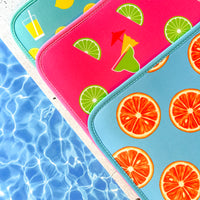 Colorful summer-themed Citrus Delight Collection mats by Emerson West with citrus and beverage designs by the poolside, evoking a refreshing and relaxing vibe. These fade-resistant, quick-dry poolside mats ensure lasting vibrancy and convenience.