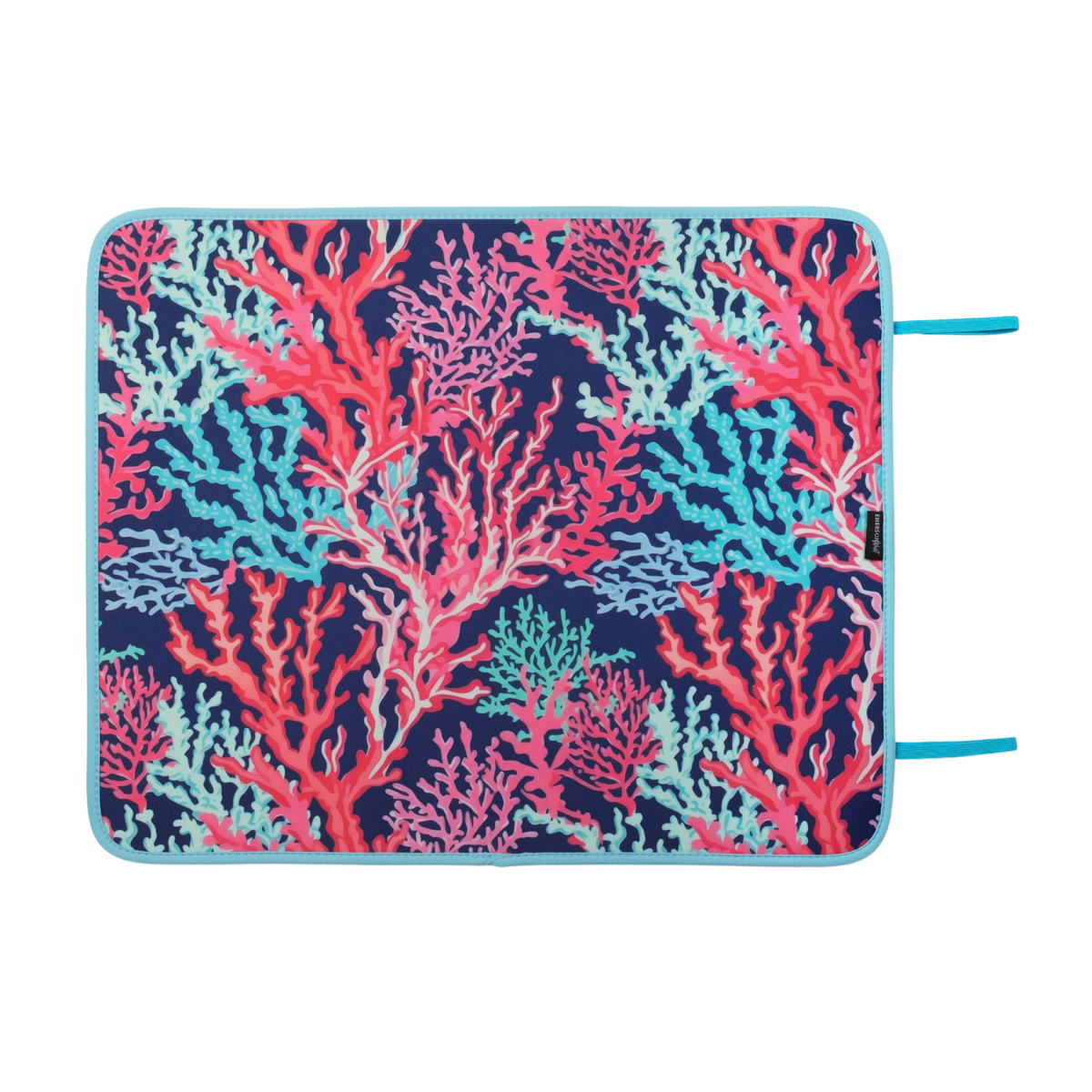 A colorful rectangular Coral Poolside Seating Mat by Emerson West featuring a vibrant coral reef pattern with red, pink, blue, and teal corals on a dark blue background. Perfect for your underwater adventure, the edges are light blue, and it has two blue straps on one side for easy carrying. Quick-dry material ensures convenience.