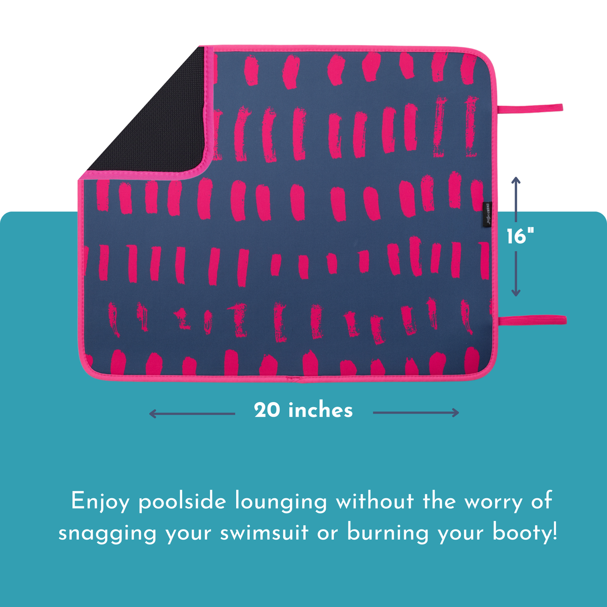 A navy blue and pink patterned, quick-dry mat with black backing, measuring 16 inches by 20 inches, is displayed on a turquoise background. Pink text below reads, "Enjoy poolside lounging without the worry of snagging your swimsuit or burning your booty! Enjoy our Navy & Pink Poolside Seating Mat by Emerson West!