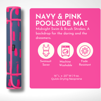 Image of a product description for an Emerson West Navy & Pink Poolside Seating Mat. The mat is rolled up and stands vertically on the left, with vibrant pink brush strokes on a navy background. Detailed features mention "Swimsuit Saver," "Machine Washable," and "Fade Resistant." The mat's size is 16 inches by 20 inches, weighs 9 ounces, and is made from quick-drying.