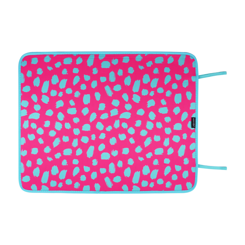 A vibrant pink poolside mat with a teal cheetah print pattern, featuring elastic closure loops.  A vibrant Pink Cheetah Poolside Seating Mat from Emerson West, featuring a non-slip bottom and roll-up straps