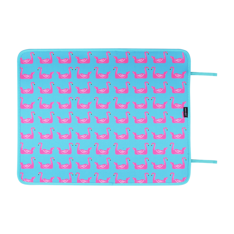 A playful Flamingo Floats Poolside Seating Mat adorned with colorful and fun flamingo float pattern, perfect pool accessory by Emerson West.