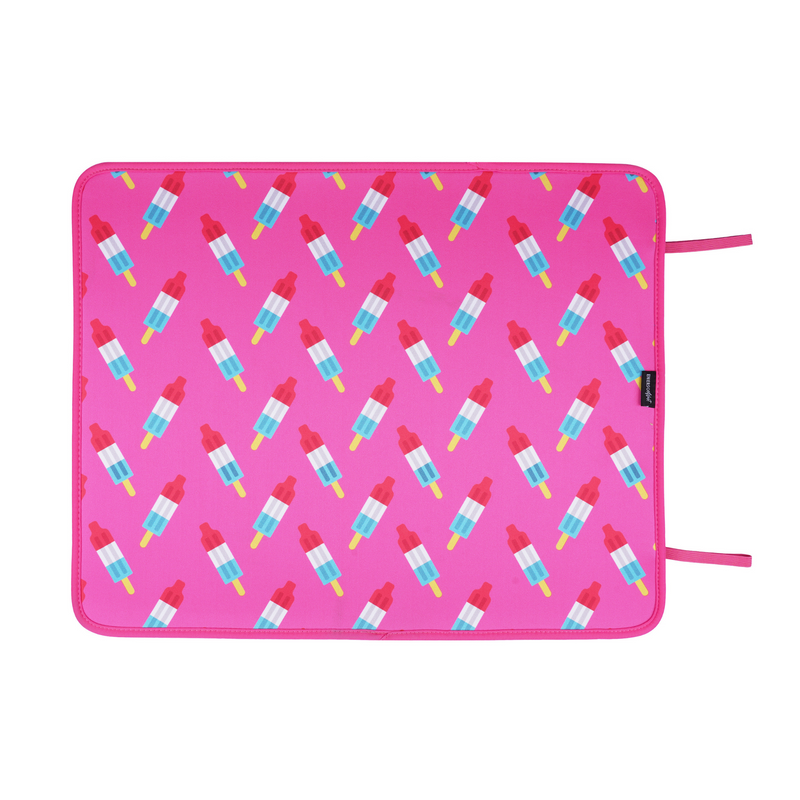 Bright pink neoprene Bomb Pops Poolside Seating Mat with a playful pattern of americana popsicles and, offering a stylish and practical way to accessorize your poolside experience.